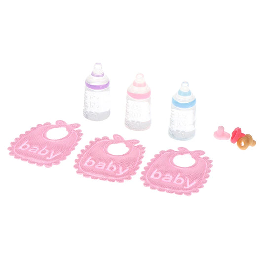 1set 1:12 Dolls House Miniature Baby Bottles Shampoo Bibs Set Nursery Accessory Gift Baby Bottles Set