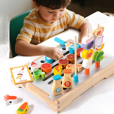Montessori Wooden Pretend Play Kitchen Toys Dessert Puzzle Toys Simulation Barbecue Pretend Role Indoor Game For Toddlers Age 3+