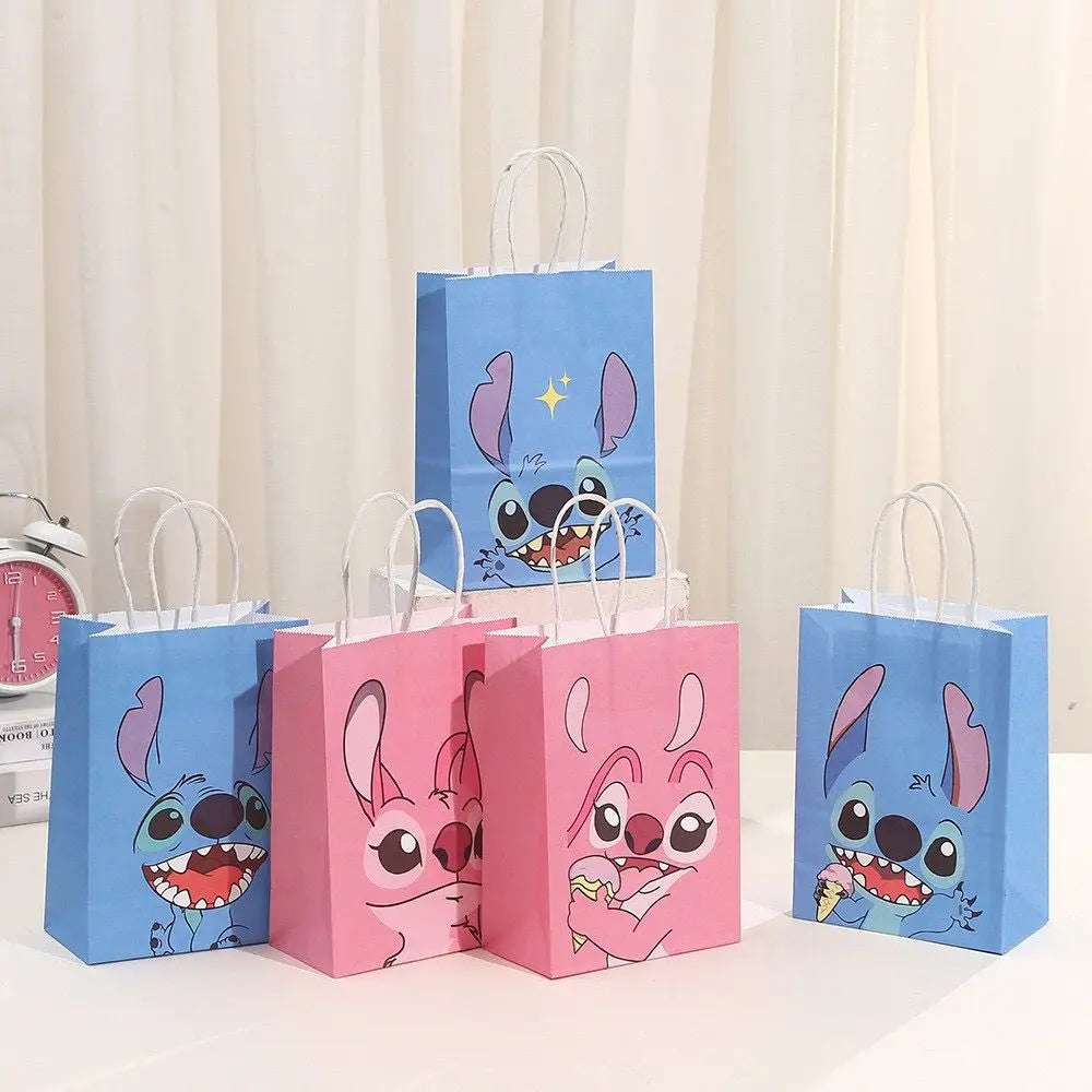 Hot 12pcs Stitch Series Cartoons Wrapped Gift Bag Kraft Paper Wrapped Candy Handheld Bag Children's Birthday Party Paper handbag