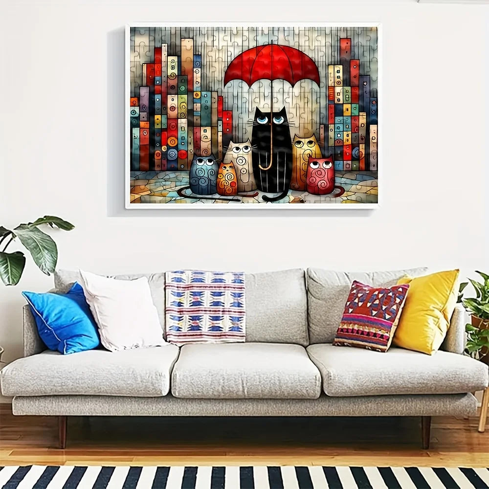 Cats Under Red Umbrella in City Rain Jigsaw Puzzle Adult Whimsical Theme Intellectual Game Home Leisure Decorative Puzzle Toy