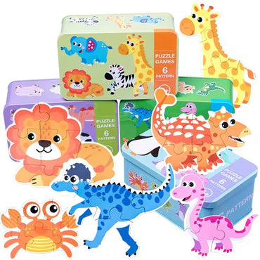 Baby Puzzle Montessori Educational Toys Wood Puzzle Animal Matching Games Iron Box Wooden Puzzles For Children Kids 2 3 4 Years