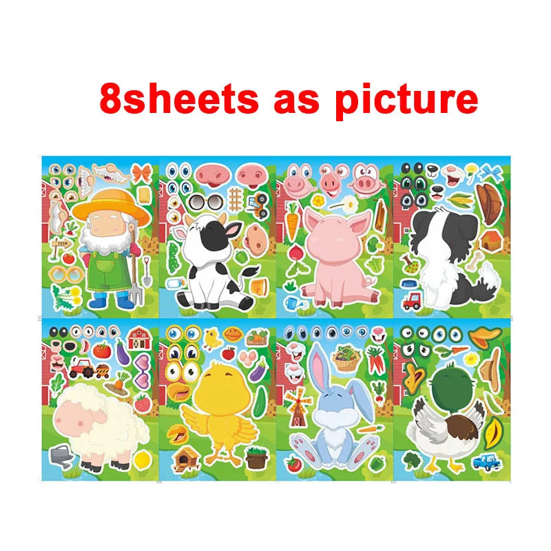 Farm Animal Make a Face Sticker Sheets for Kids Todders Activities Cute Cartoon Puzzle Stickers Birthday Party Favor Crafts Toys