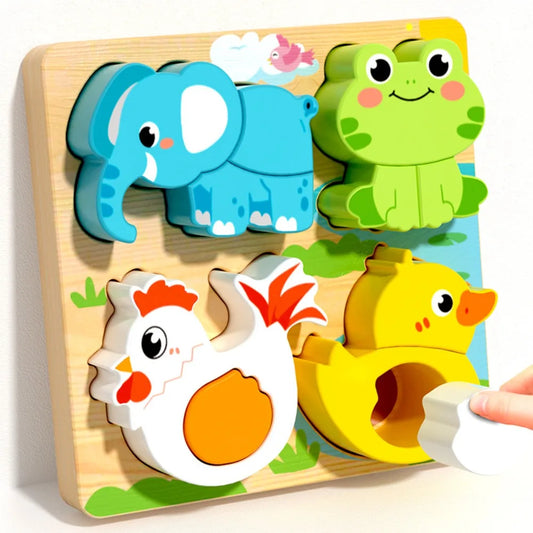 4-in-1 Wood Puzzle 3D Safe Animals Cognitive Jigsaw Puzzle Portable Cartoon Early Learning Puzzle Set Children Educational Toys