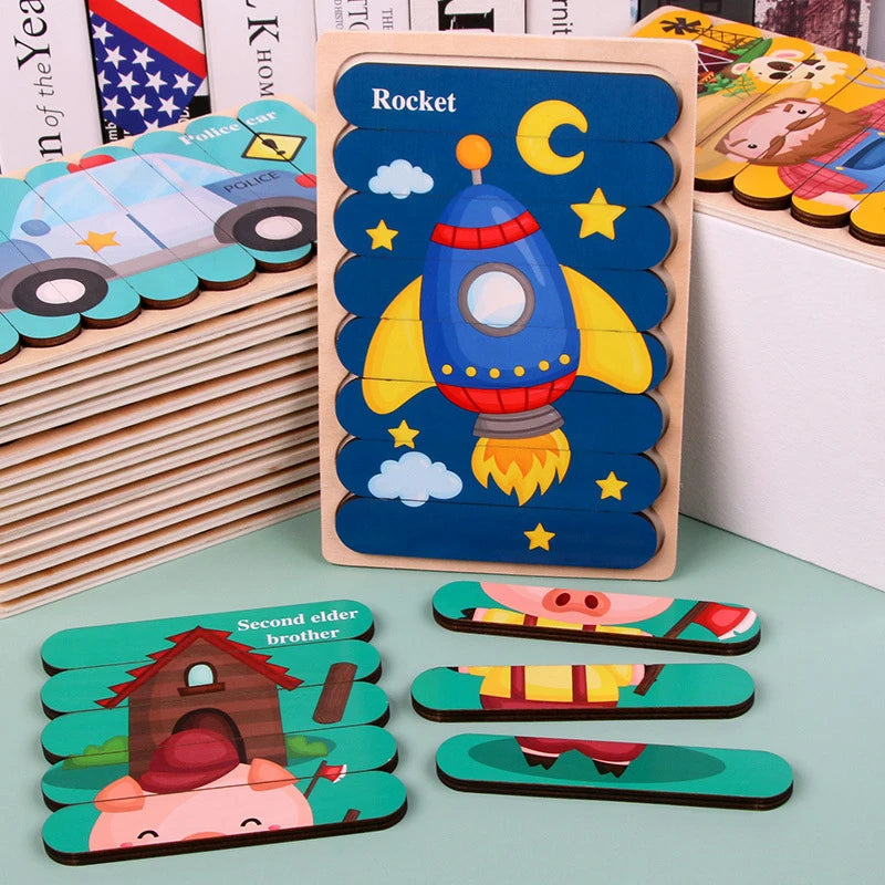 Double Sided Strip 3D Puzzles Baby Toy Wooden Montessori Materials Educational Toys For Children Large Bricks Kids Learning Toys