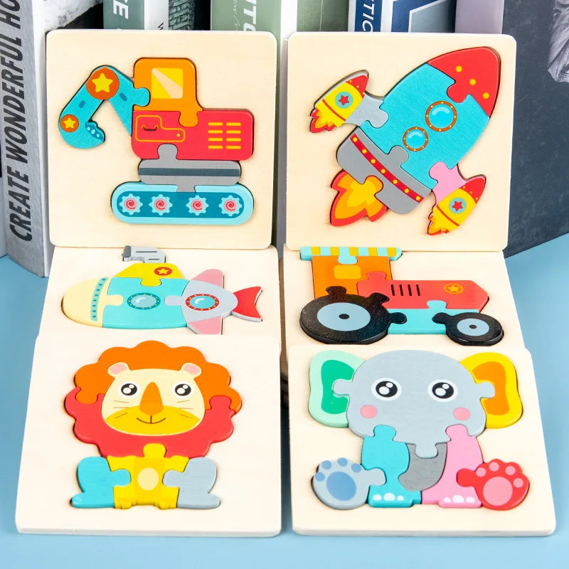 Wooden Jigsaw Puzzle Cartoon Animal Wood 3D Puzzles Montessori Educational Intelligence Jigsaw Toys for Children Gifts