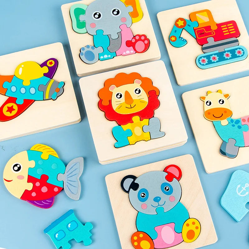Wooden Jigsaw Puzzle Cartoon Animal Wood 3D Puzzles Montessori Educational Intelligence Jigsaw Toys for Children Gifts
