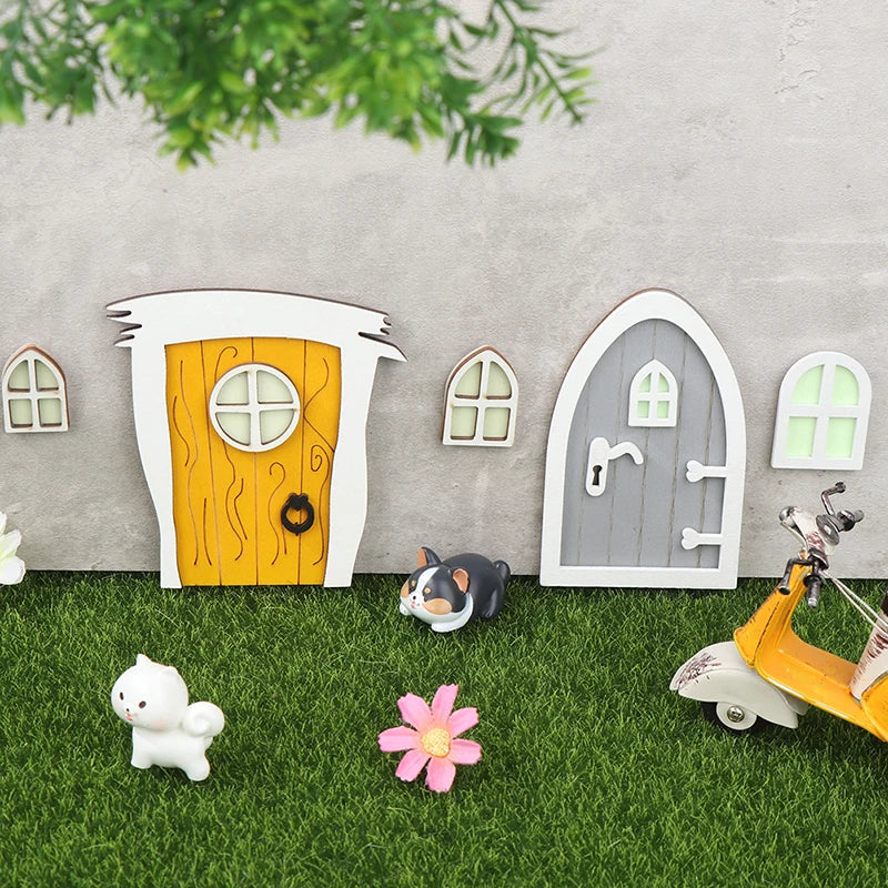 1set Dollhouse Miniature Wooden Elf Door Fairy Gnome Window Door Model Doorknob Doll House Garden Decoration Toy Accessories