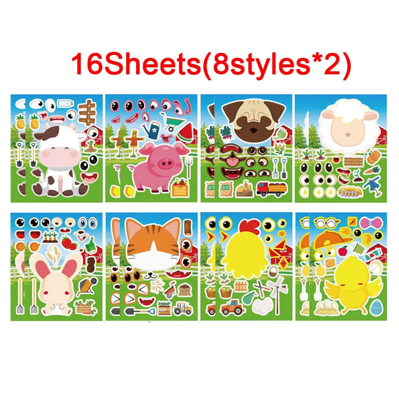Farm Animal Make a Face Sticker Sheets for Kids Todders Activities Cute Cartoon Puzzle Stickers Birthday Party Favor Crafts Toys