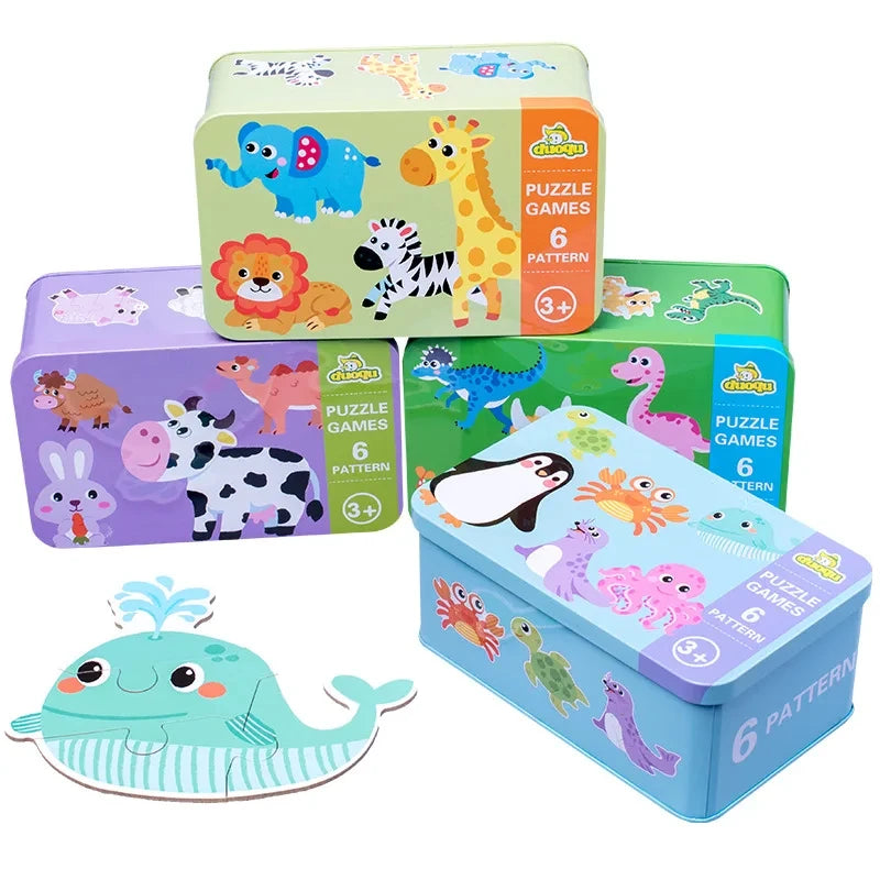 Baby Puzzle Montessori Educational Toys Wood Puzzle Animal Matching Games Iron Box Wooden Puzzles For Children Kids 2 3 4 Years
