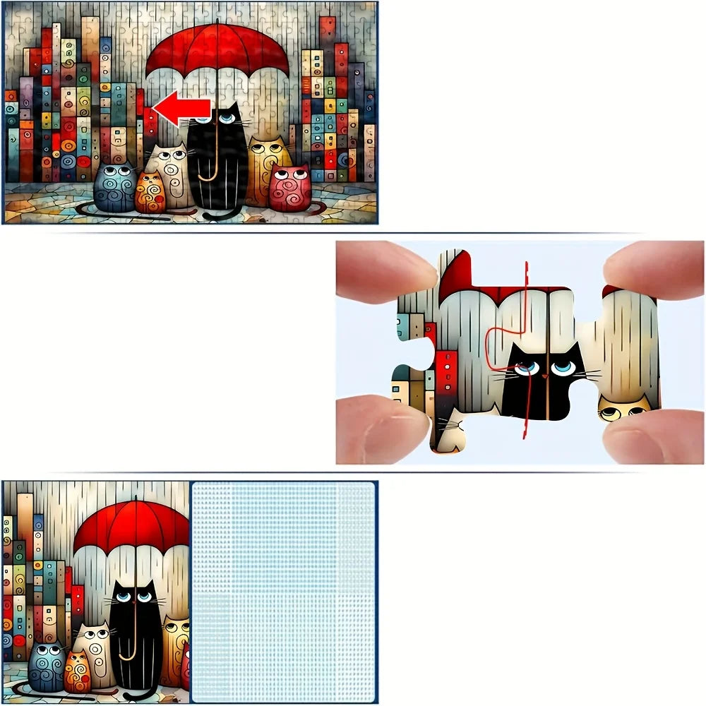 Cats Under Red Umbrella in City Rain Jigsaw Puzzle Adult Whimsical Theme Intellectual Game Home Leisure Decorative Puzzle Toy