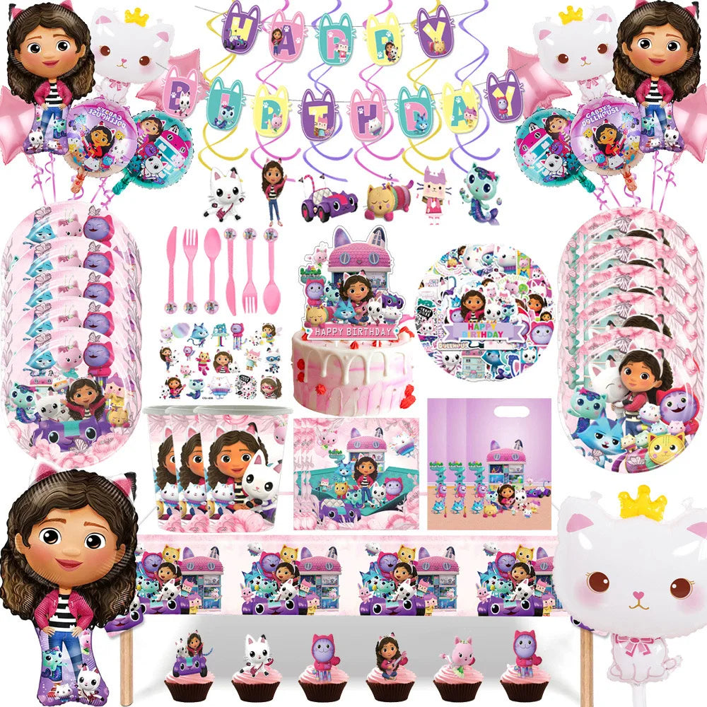 Gabby Dollhouse Cats Birthday Party Supplies Disposable Tableware Plates Cup Napkin Banner Tablecloth Cake Decoration Kids Gifts