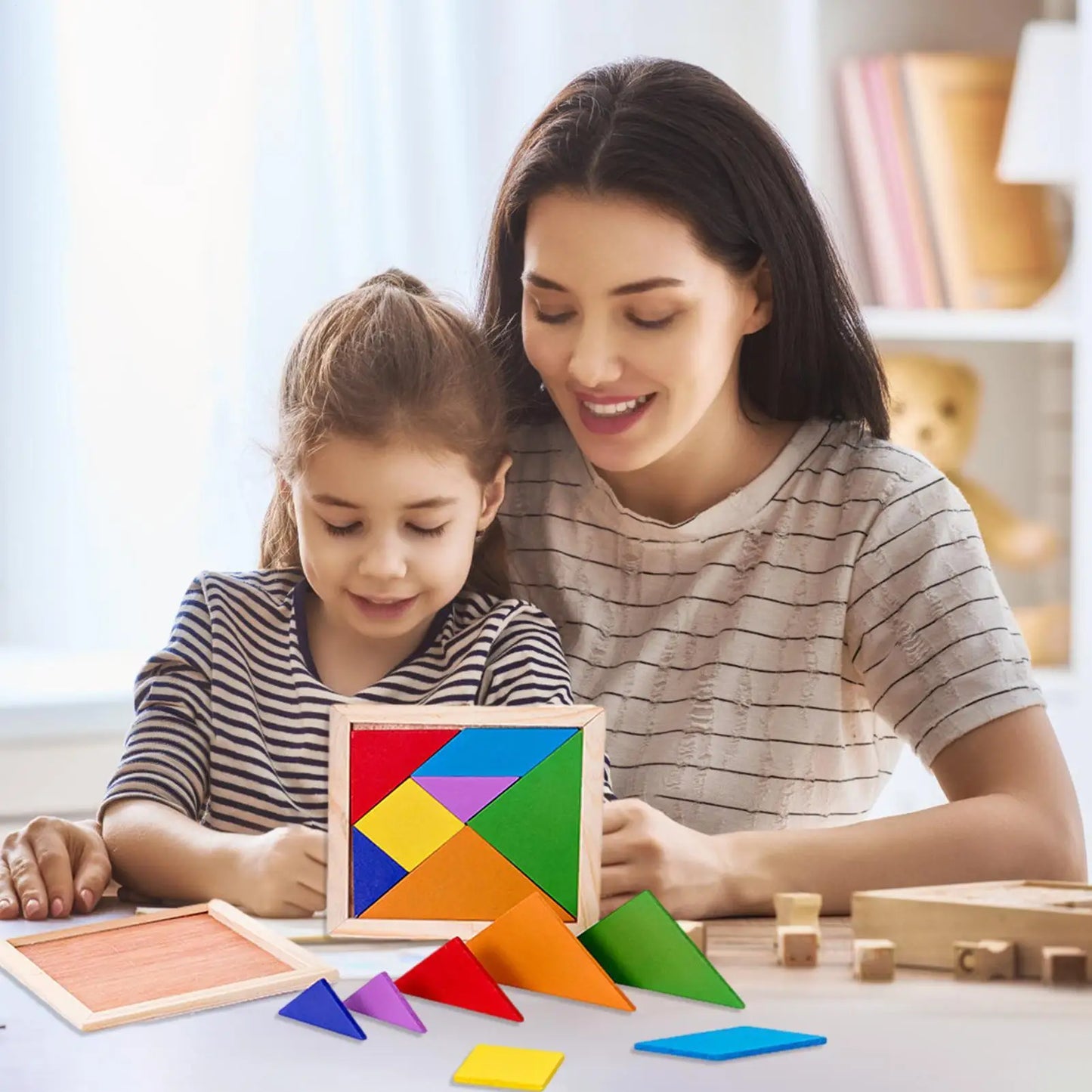Wooden Blocks Puzzle Brain Teasers Toy Tangram Jigsaw Intelligence Colorful 3D Russian Blocks Montessori Educational Toys