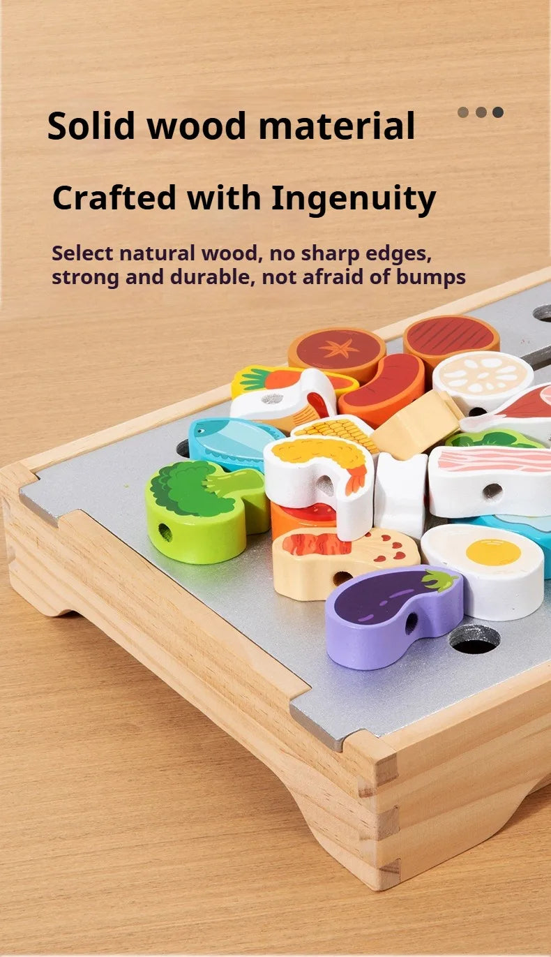 Montessori Wooden Pretend Play Kitchen Toys Dessert Puzzle Toys Simulation Barbecue Pretend Role Indoor Game For Toddlers Age 3+