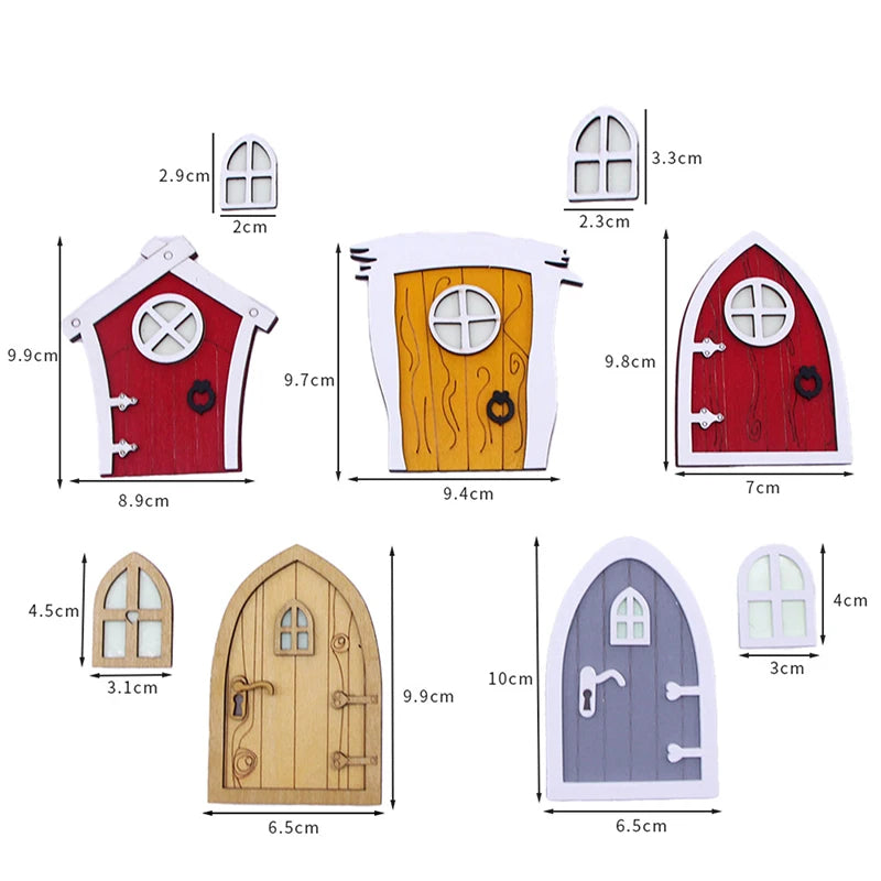 1set Dollhouse Miniature Wooden Elf Door Fairy Gnome Window Door Model Doorknob Doll House Garden Decoration Toy Accessories