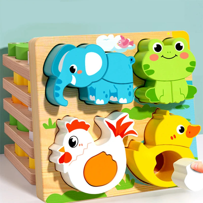 4-in-1 Wooden Toys 3D Wood Puzzle Cartoon Animals Cognitive Jigsaw Puzzle Early Learning Educational Toys For Children Gift