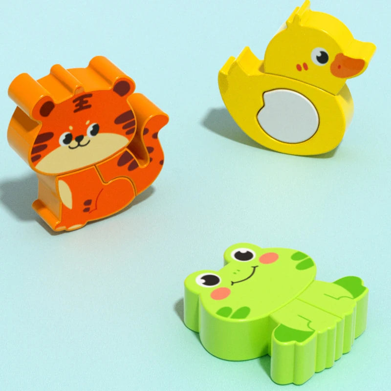 4-in-1 Wooden Toys 3D Wood Puzzle Cartoon Animals Cognitive Jigsaw Puzzle Early Learning Educational Toys For Children Gift