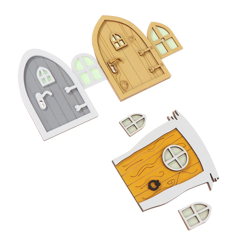 1set Dollhouse Miniature Wooden Elf Door Fairy Gnome Window Door Model Doorknob Doll House Garden Decoration Toy Accessories