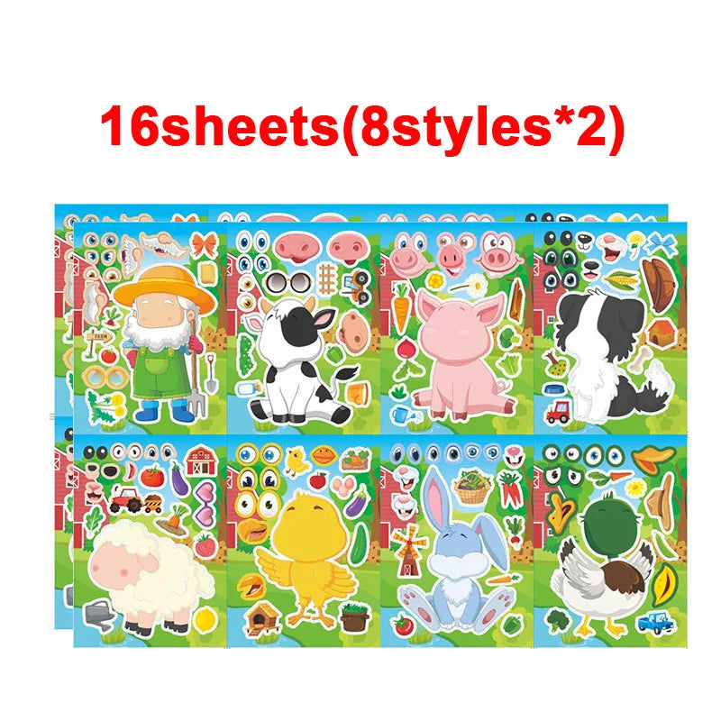 Farm Animal Make a Face Sticker Sheets for Kids Todders Activities Cute Cartoon Puzzle Stickers Birthday Party Favor Crafts Toys