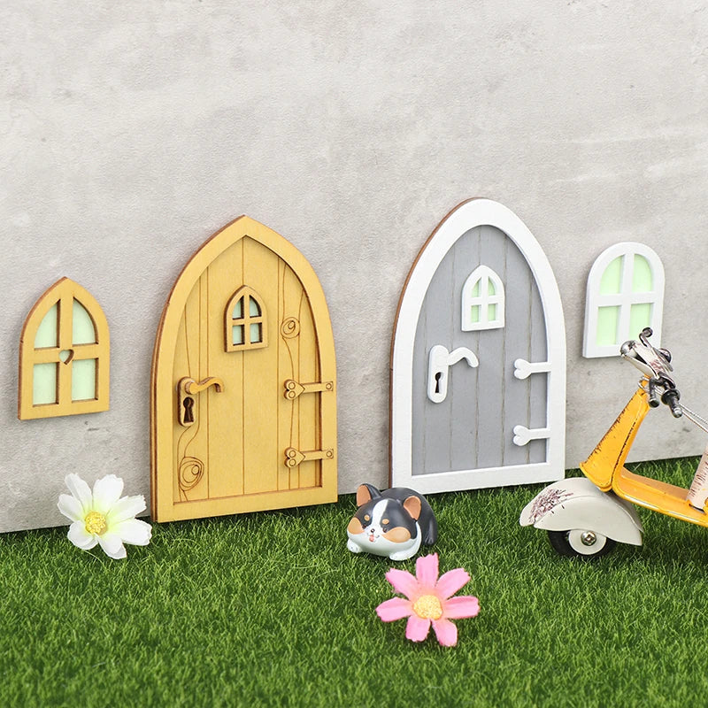 1set Dollhouse Miniature Wooden Elf Door Fairy Gnome Window Door Model Doorknob Doll House Garden Decoration Toy Accessories