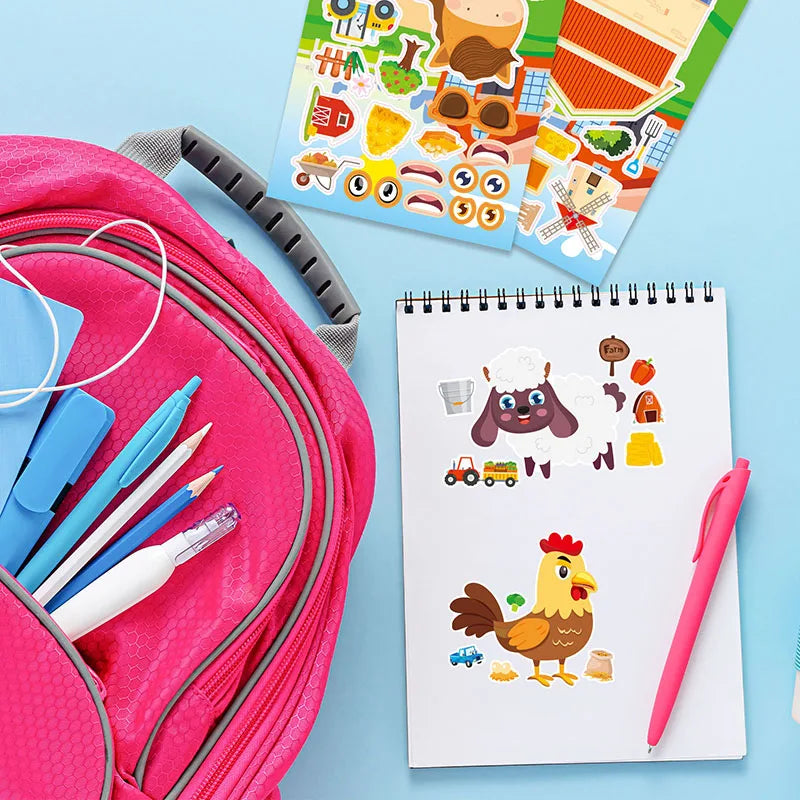 Farm Animal Make a Face Sticker Sheets for Kids Todders Activities Cute Cartoon Puzzle Stickers Birthday Party Favor Crafts Toys