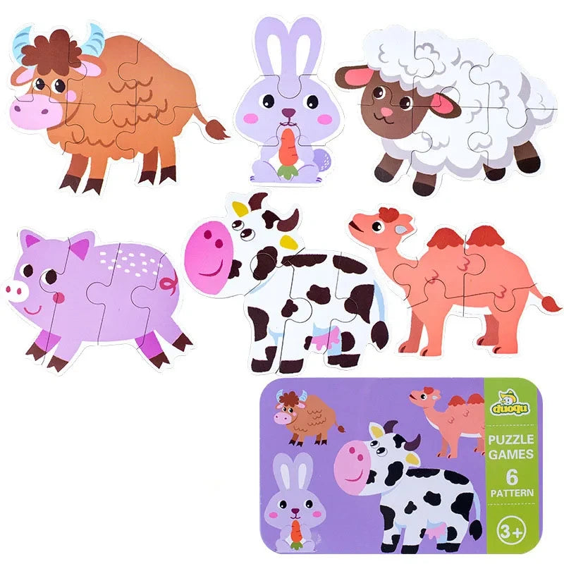Baby Puzzle Montessori Educational Toys Wood Puzzle Animal Matching Games Iron Box Wooden Puzzles For Children Kids 2 3 4 Years