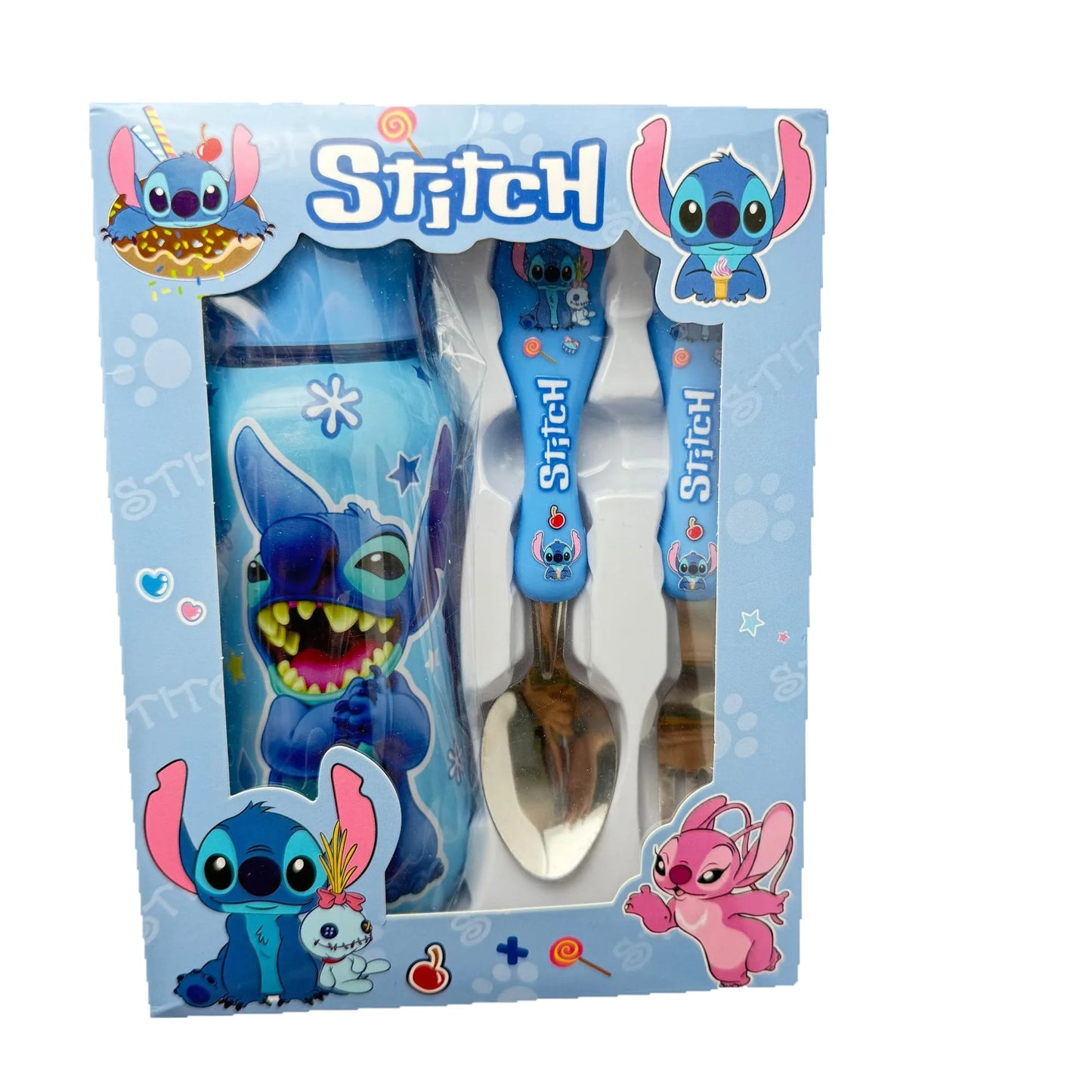 Disney Stitch Mcqueen 95 Car Water Bottle Set Cartoon Cute Children'S Spoon Fork Water Cup Kids Outdoors Portable Tableware Gift