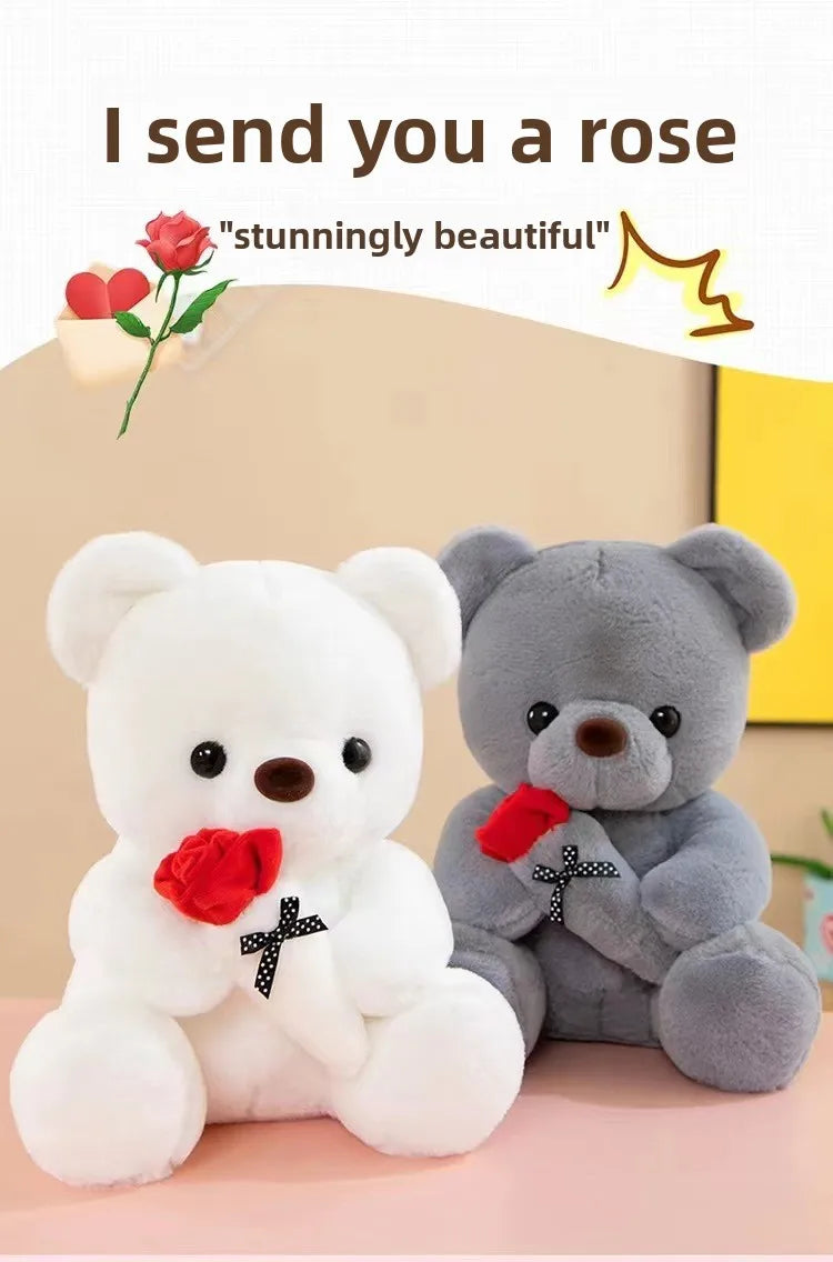 Cute Rose Bear Plush Toy Stuffed Animal Doll Romantic Gift for Girlfriend Valentines Day Birthday Anniversary Present
