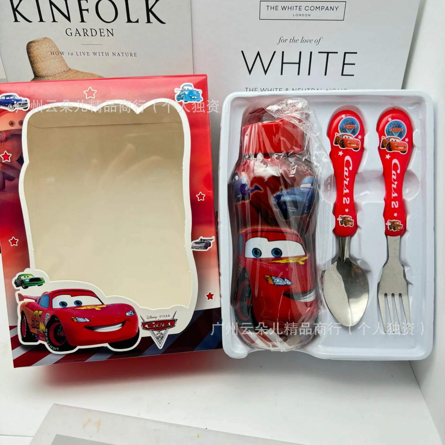 Disney Stitch Mcqueen 95 Car Water Bottle Set Cartoon Cute Children'S Spoon Fork Water Cup Kids Outdoors Portable Tableware Gift
