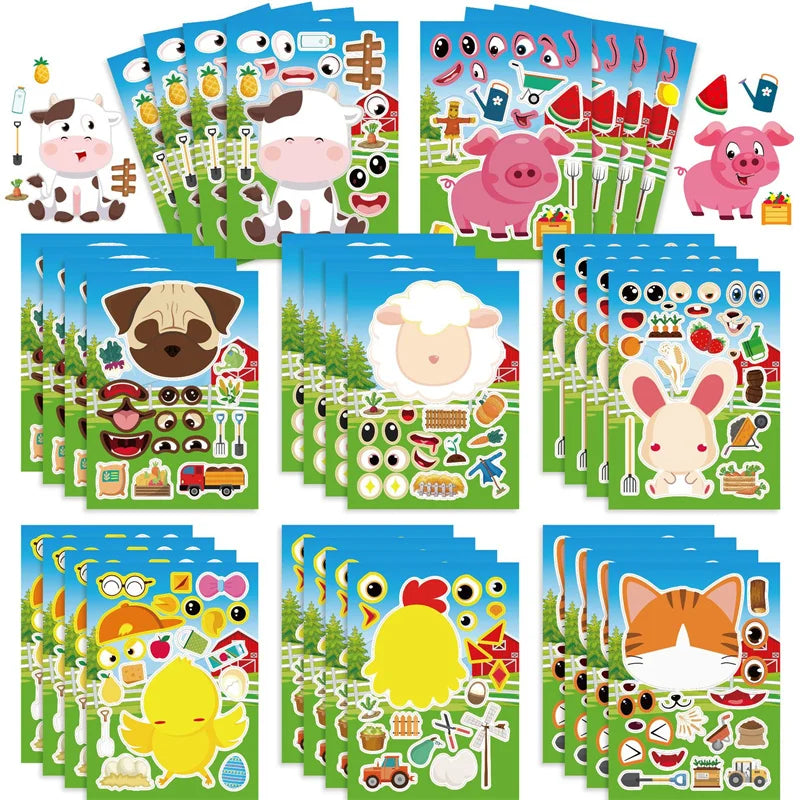 Farm Animal Make a Face Sticker Sheets for Kids Todders Activities Cute Cartoon Puzzle Stickers Birthday Party Favor Crafts Toys