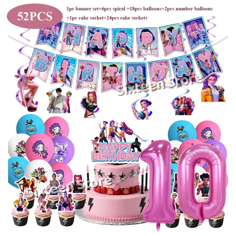 Demones Hunt Cartoon Anime Party Supplies Cutlery Set with Warrior Banner Plate Cake Topper K--Pop Cup for Birthday Party supply