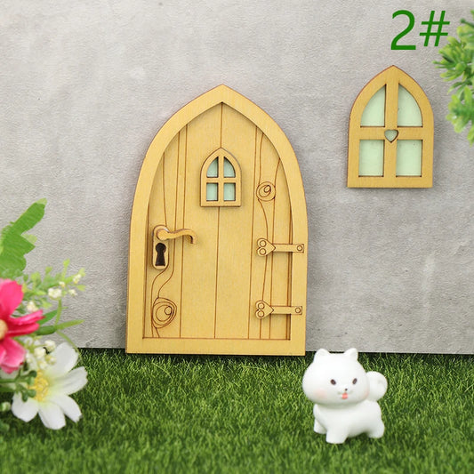 1set Dollhouse Miniature Wooden Elf Door Fairy Gnome Window Door Model Doorknob Doll House Garden Decoration Toy Accessories