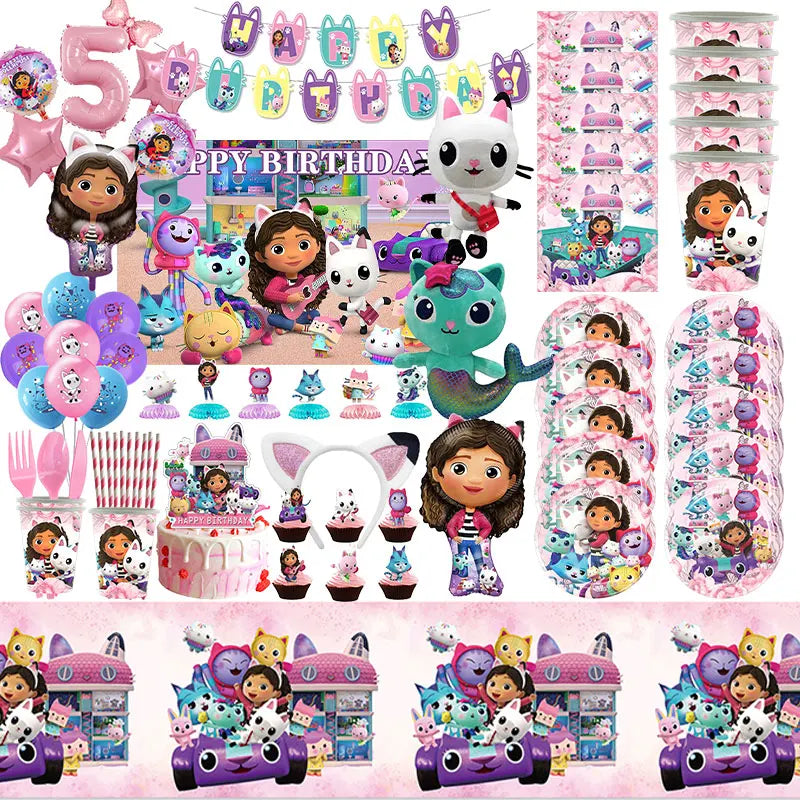 Gabby Dollhouse Cats Birthday Party Supplies Disposable Tableware Plates Cup Napkin Banner Tablecloth Cake Decoration Kids Gifts