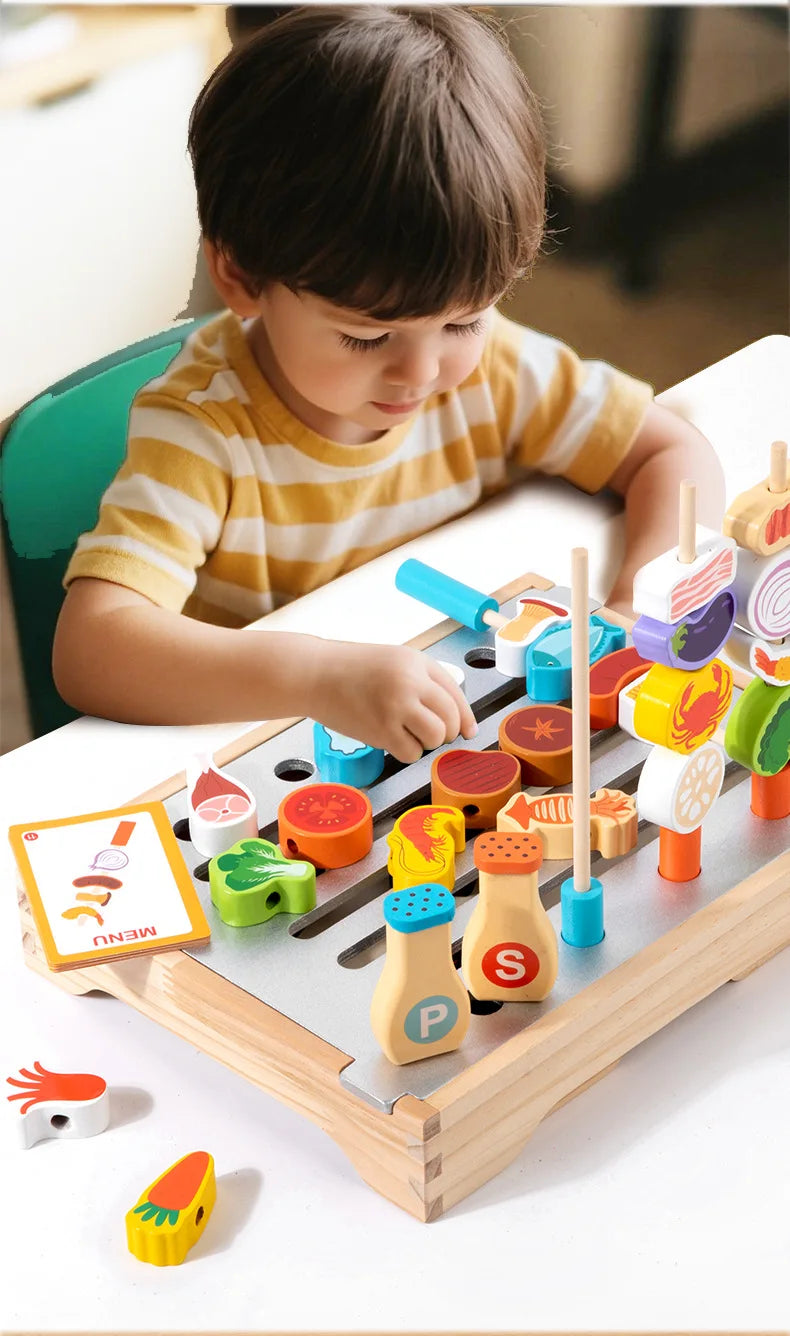 Montessori Wooden Pretend Play Kitchen Toys Dessert Puzzle Toys Simulation Barbecue Pretend Role Indoor Game For Toddlers Age 3+