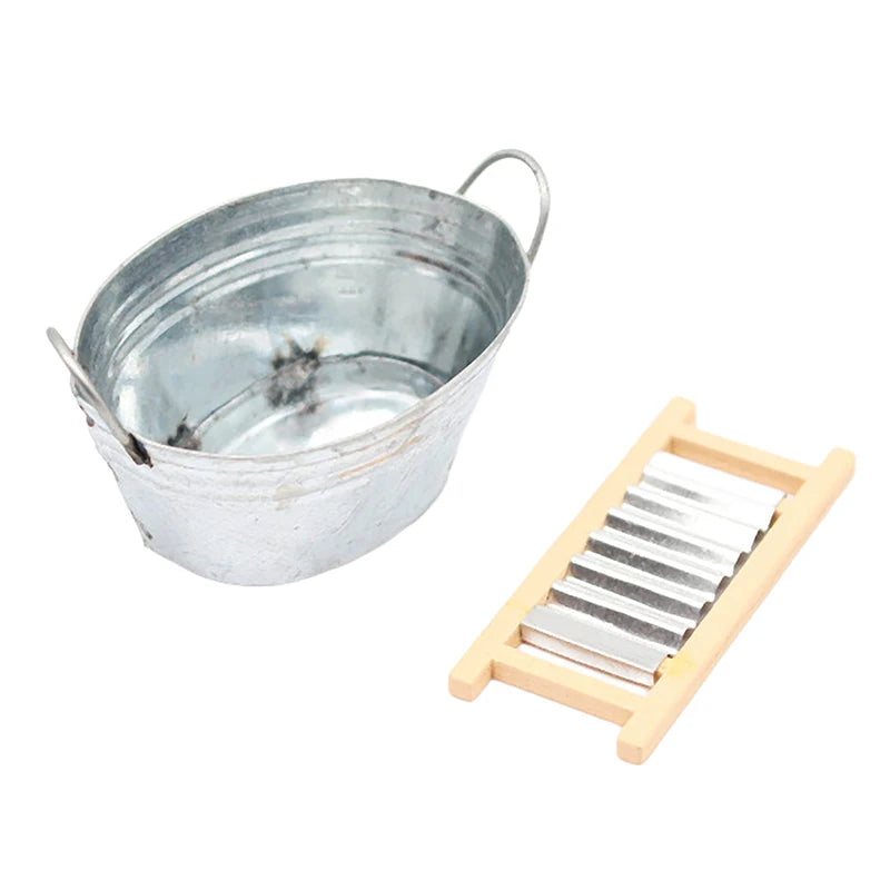 1:12 Dollhouse Miniature Washboard Iron Bucket Bathroom Model Decor Toy Doll House Accessories