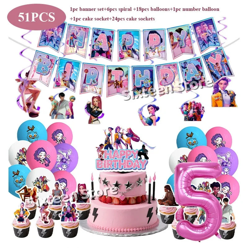 Demones Hunt Cartoon Anime Party Supplies Cutlery Set with Warrior Banner Plate Cake Topper K--Pop Cup for Birthday Party supply