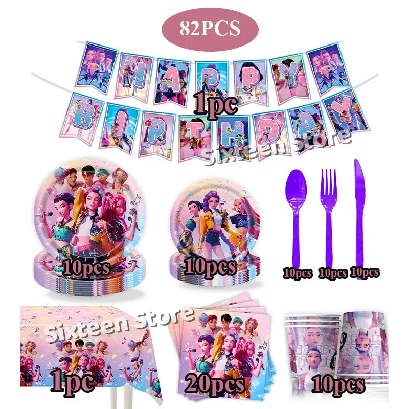 Demones Hunt Cartoon Anime Party Supplies Cutlery Set with Warrior Banner Plate Cake Topper K--Pop Cup for Birthday Party supply
