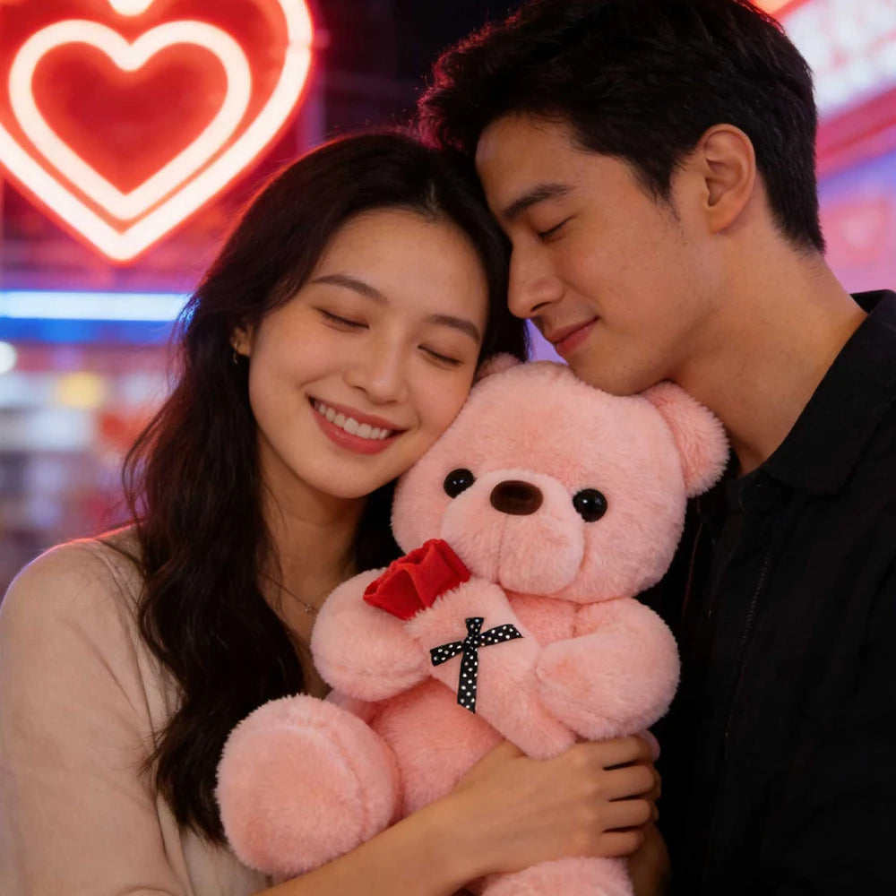 Cute Rose Bear Plush Toy Stuffed Animal Doll Romantic Gift for Girlfriend Valentines Day Birthday Anniversary Present