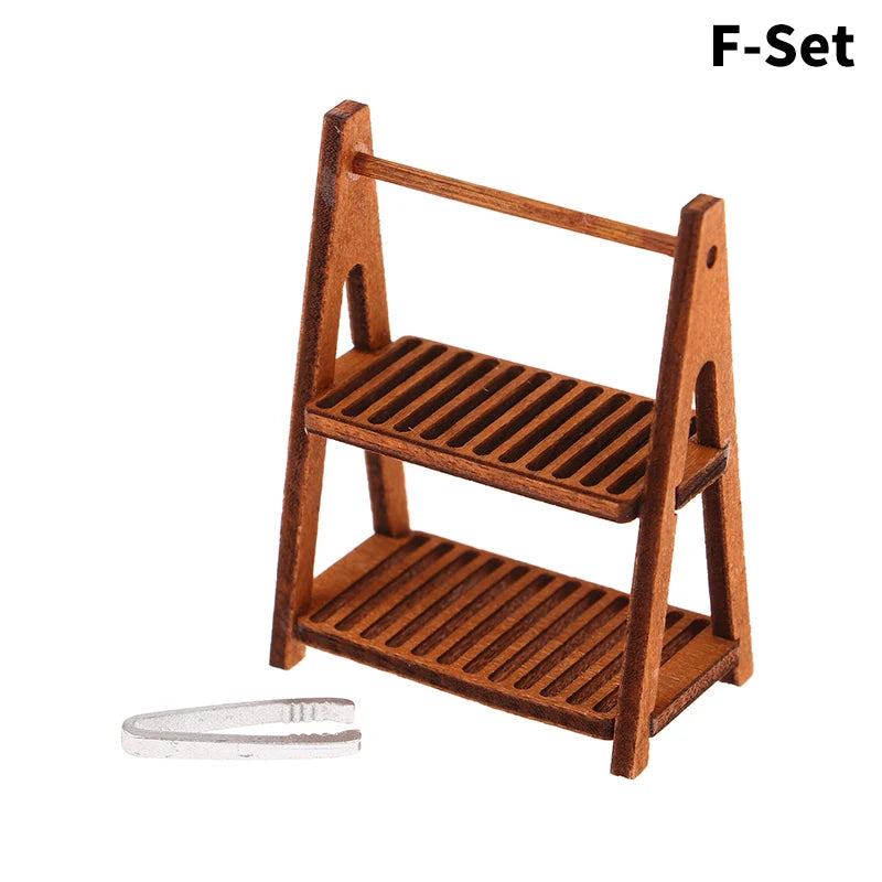 1Pcs Dollhouse Miniature furniture Display Shelf Bread Rack Cake Shelf Storage with Tongs DIY Bakery Shop Decor Doll House Toys