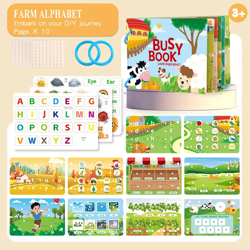 1Set Cartoon Quiet Book Montessori Busy Book with Animal Recognition Puzzle Interactive Game Cards for Preschool DIY Puzzle Book