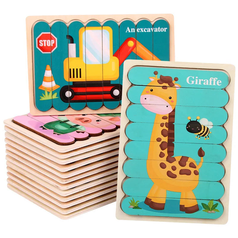Double Sided Strip 3D Puzzles Baby Toy Wooden Montessori Materials Educational Toys For Children Large Bricks Kids Learning Toys