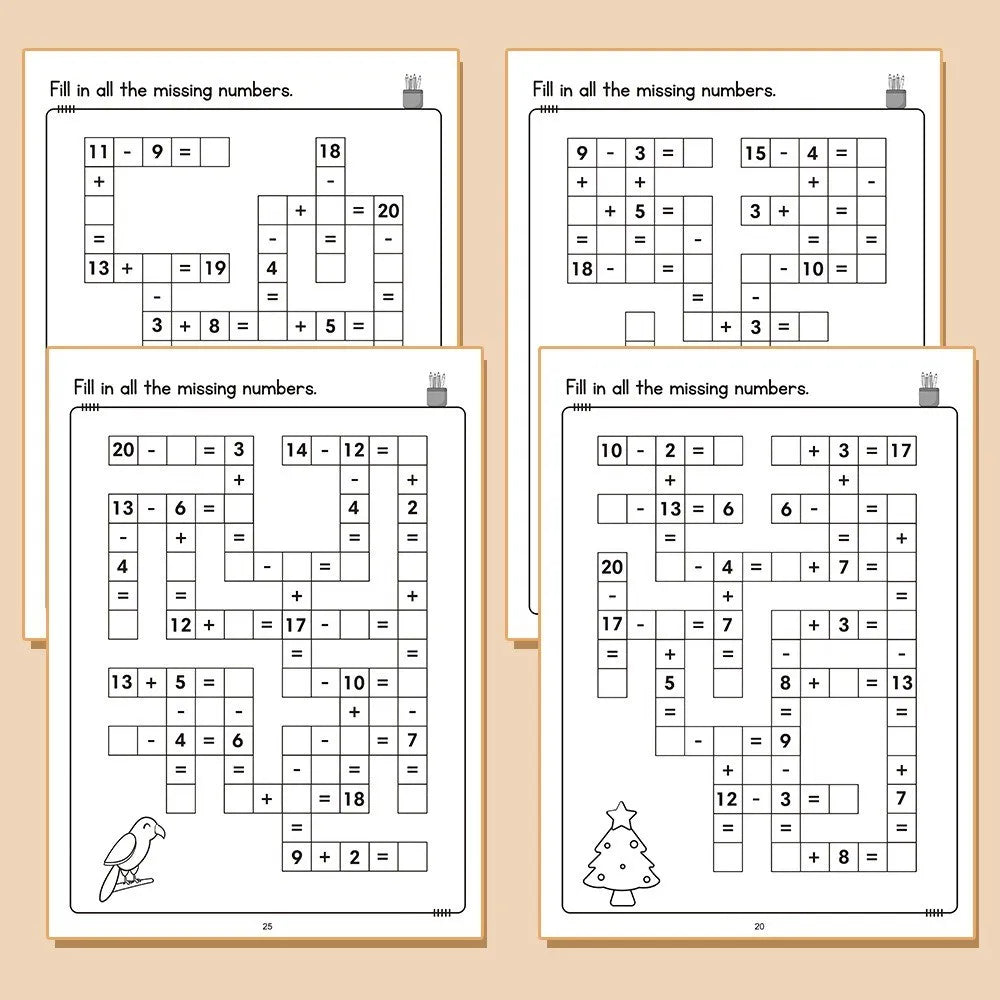 1 Set Math Workbook for Kids Ages 5-8 Math:Math Crossword Puzzles Addition and Subtraction Workbook