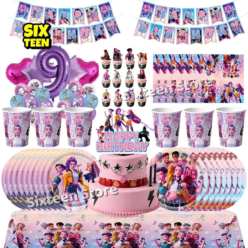 Demones Hunt Cartoon Anime Party Supplies Cutlery Set with Warrior Banner Plate Cake Topper K--Pop Cup for Birthday Party supply