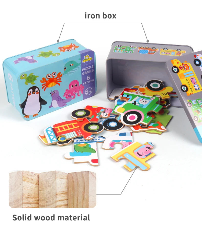 Montessori Baby Puzzle Educational Toys Wood 3D Puzzle Games Iron Box children Puzzles Jigsaw Wooden Puzzles For Kids 2 3 4 Year