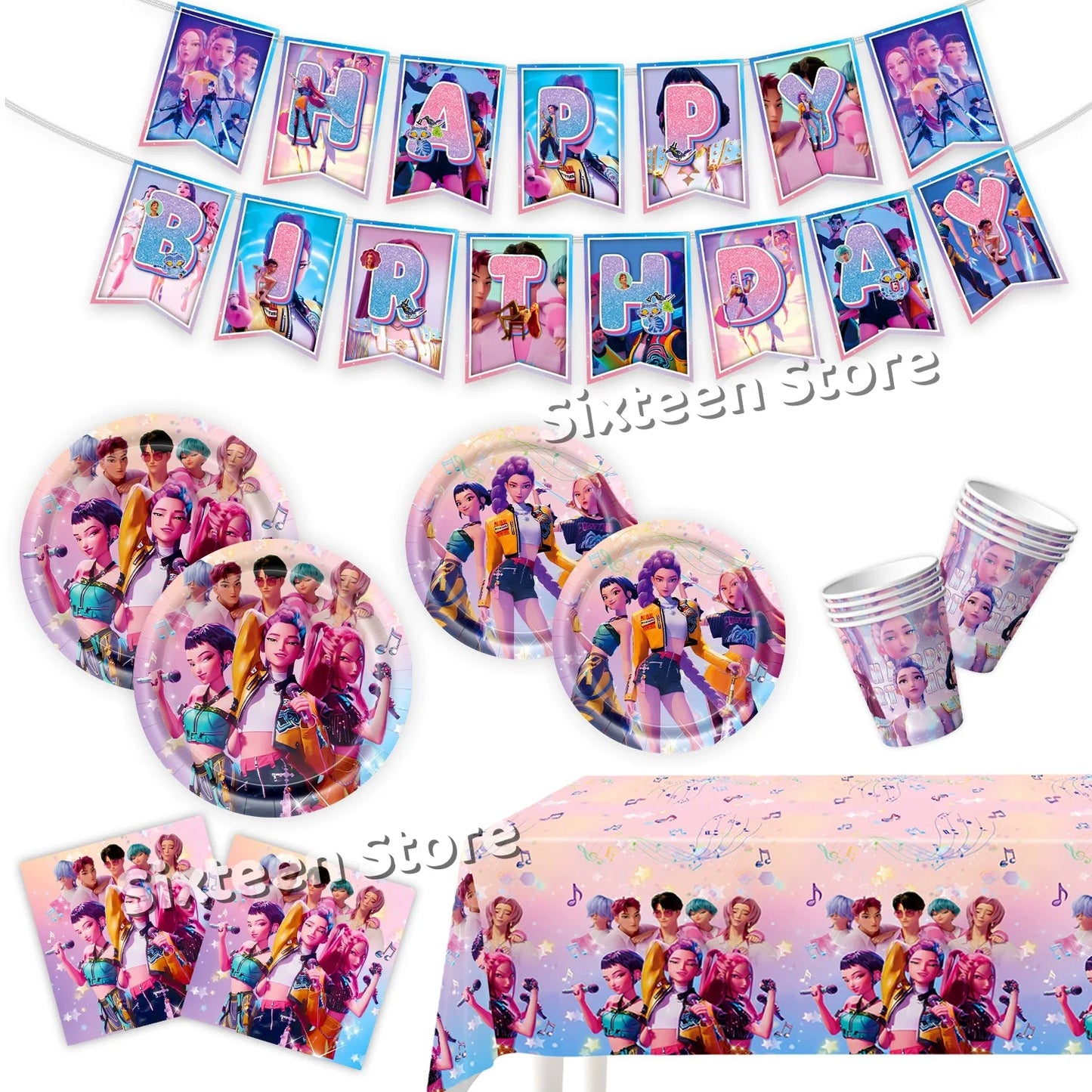 Demones Hunt Cartoon Anime Party Supplies Cutlery Set with Warrior Banner Plate Cake Topper K--Pop Cup for Birthday Party supply