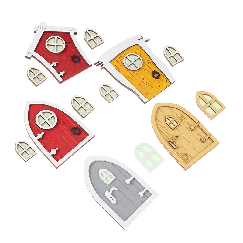 1set Dollhouse Miniature Wooden Elf Door Fairy Gnome Window Door Model Doorknob Doll House Garden Decoration Toy Accessories