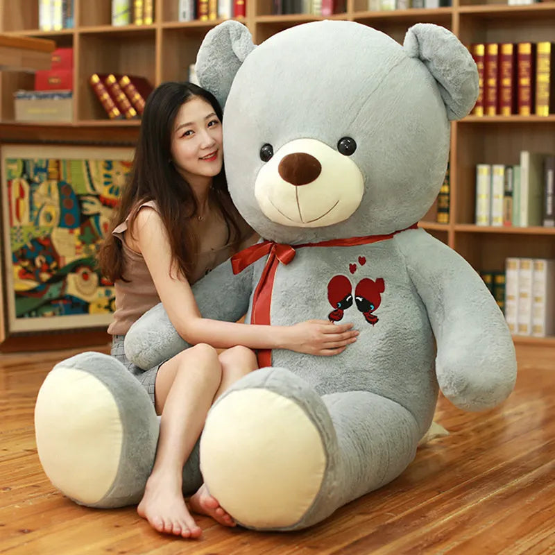 Cute Giant Grey Teddy Bear Plush Toy Soft Stuffed Bear Doll with Heart Embroidery Perfect Birthday Christmas Gift for Kids Decor