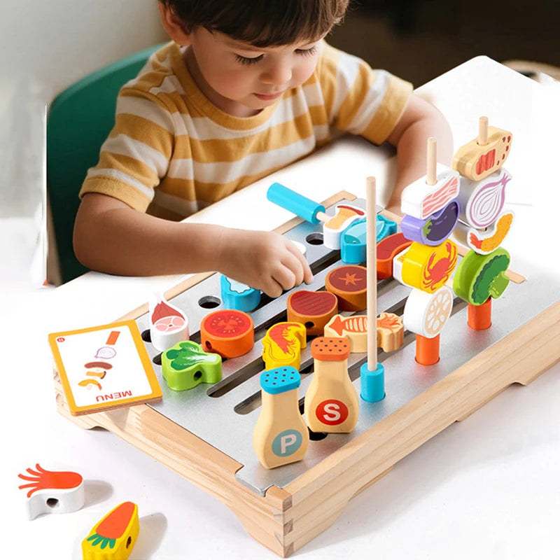 Montessori Wooden Pretend Play Kitchen Toys Dessert Puzzle Toys Simulation Barbecue Pretend Role Indoor Game For Toddlers Age 3+
