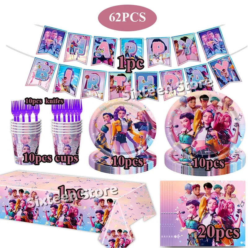 Demones Hunt Cartoon Anime Party Supplies Cutlery Set with Warrior Banner Plate Cake Topper K--Pop Cup for Birthday Party supply