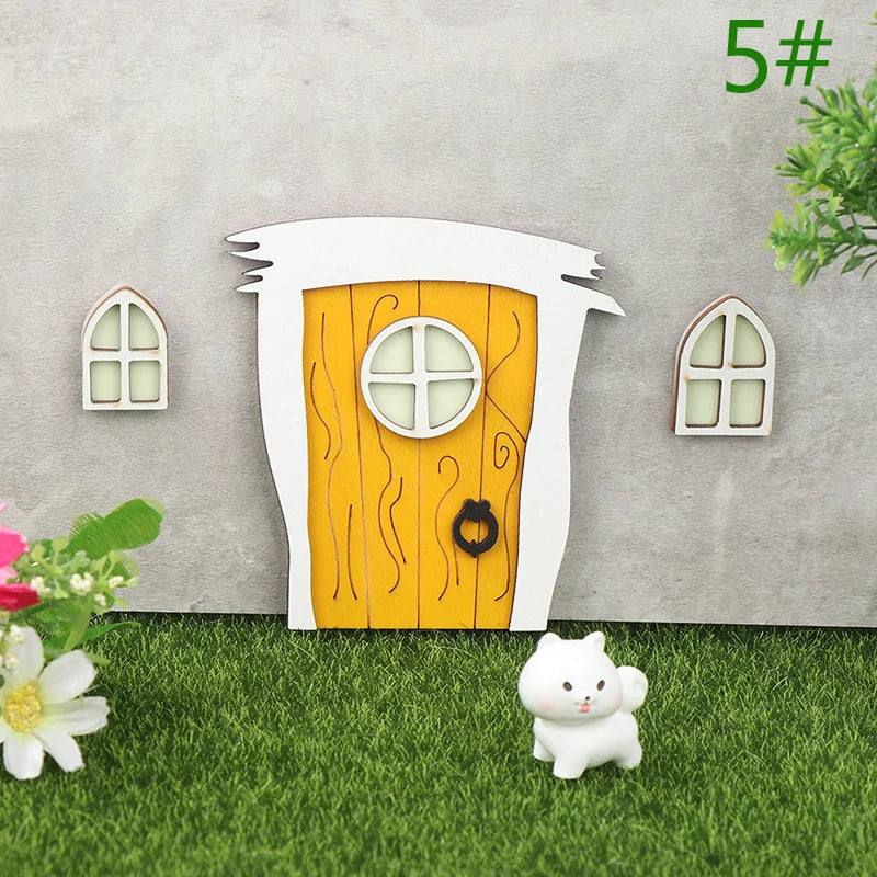 1set Dollhouse Miniature Wooden Elf Door Fairy Gnome Window Door Model Doorknob Doll House Garden Decoration Toy Accessories