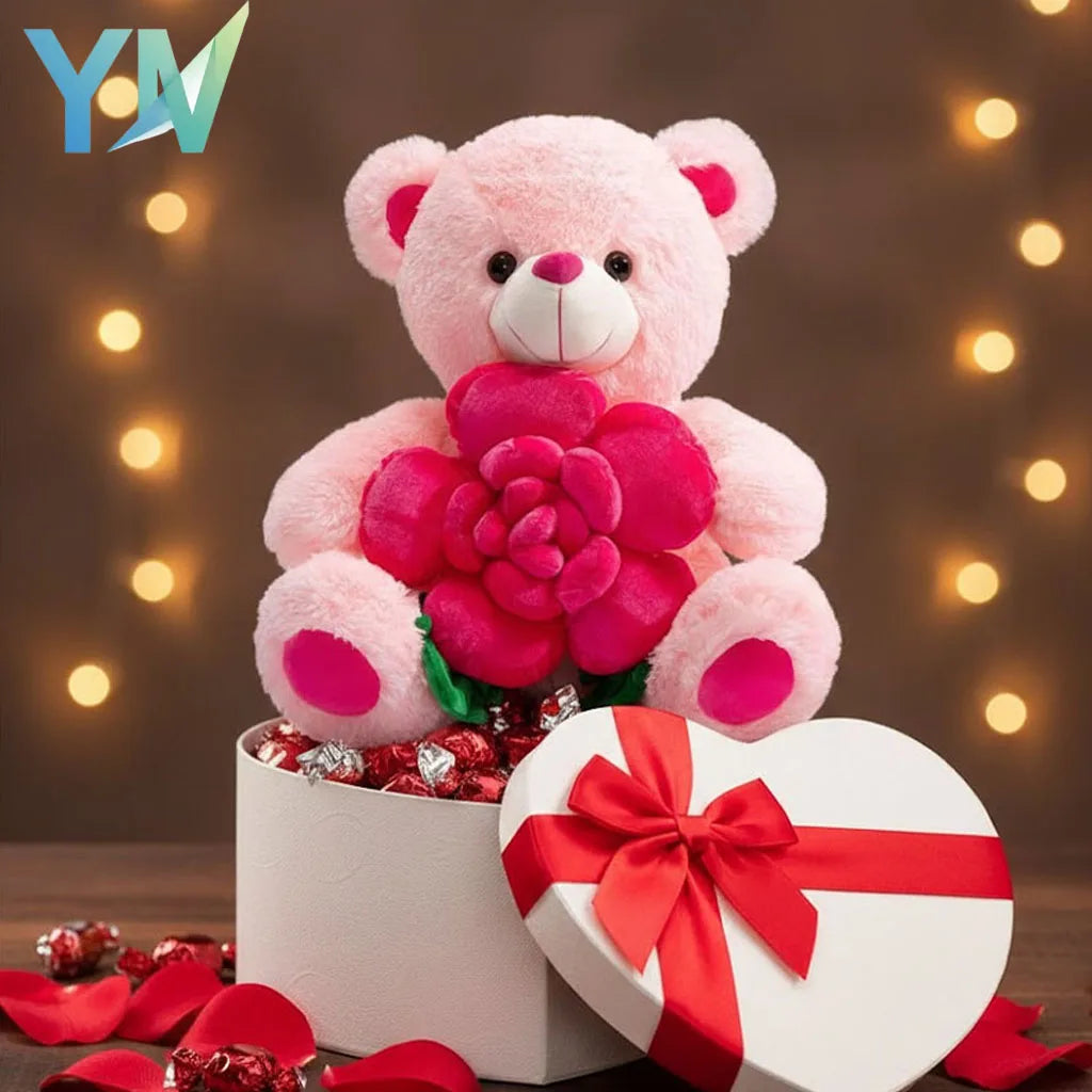 Valentines Day Bear Holding Rose Plush Toy Stuffed Animal Birthday Present for Girlfriend Wife Romantic Keepsake Home Decor Doll